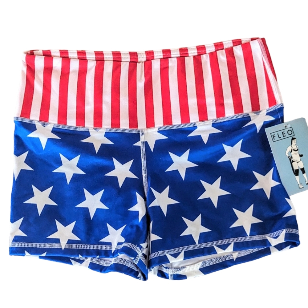 NWT Fleo Power High Rise Flag USA Shorts Med Double Lined